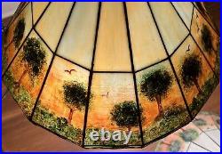 Pair of Hand Painted Slag Glass Arts & Crafts Lamp Shades-42 Panels-Signed Pair of Hand Painted Slag Glass Arts & Crafts Lamp Shades-42 Panels-Signed