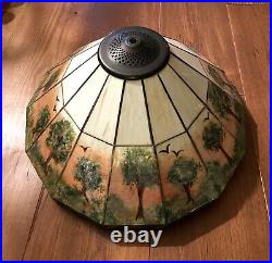 Pair of Hand Painted Slag Glass Arts & Crafts Lamp Shades-42 Panels-Signed Pair of Hand Painted Slag Glass Arts & Crafts Lamp Shades-42 Panels-Signed
