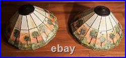 Pair of Hand Painted Slag Glass Arts & Crafts Lamp Shades-42 Panels-Signed Pair of Hand Painted Slag Glass Arts & Crafts Lamp Shades-42 Panels-Signed