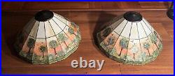 Pair of Hand Painted Slag Glass Arts & Crafts Lamp Shades-42 Panels-Signed Pair of Hand Painted Slag Glass Arts & Crafts Lamp Shades-42 Panels-Signed