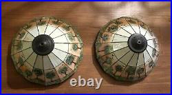 Pair of Hand Painted Slag Glass Arts & Crafts Lamp Shades-42 Panels-Signed Pair of Hand Painted Slag Glass Arts & Crafts Lamp Shades-42 Panels-Signed