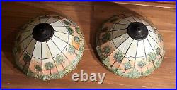 Pair of Hand Painted Slag Glass Arts & Crafts Lamp Shades-42 Panels-Signed Pair of Hand Painted Slag Glass Arts & Crafts Lamp Shades-42 Panels-Signed