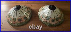 Pair of Hand Painted Slag Glass Arts & Crafts Lamp Shades-42 Panels-Signed Pair of Hand Painted Slag Glass Arts & Crafts Lamp Shades-42 Panels-Signed
