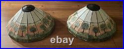 Pair of Hand Painted Slag Glass Arts & Crafts Lamp Shades-42 Panels-Signed Pair of Hand Painted Slag Glass Arts & Crafts Lamp Shades-42 Panels-Signed