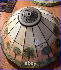 Pair of Hand Painted Slag Glass Arts & Crafts Lamp Shades-42 Panels-Signed Pair of Hand Painted Slag Glass Arts & Crafts Lamp Shades-42 Panels-Signed