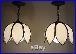 Pair of Vintage'50's White Slag Glass Tulip Hanging Lights/Lamps withGlobe Bulbs