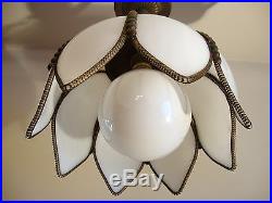 Pair of Vintage'50's White Slag Glass Tulip Hanging Lights/Lamps withGlobe Bulbs