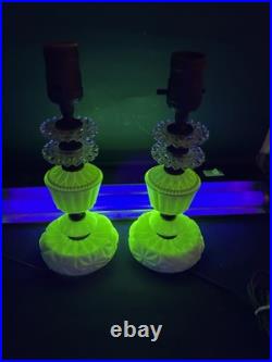 Pair of Vintage Akro Agate Uranium Slag Glass Houzex, House Table Lamps 10 Tall Pair of Vintage Akro Agate Uranium Slag Glass Houzex, House Table Lamps 10 Tall