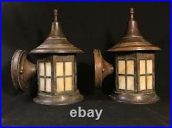 Pair of Vintage Copper Porch Light Sconces with Slag Glass Cottage wall Lamps
