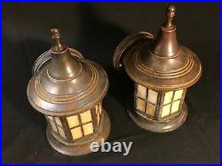 Pair of Vintage Copper Porch Light Sconces with Slag Glass Cottage wall Lamps