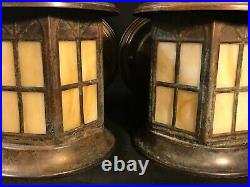 Pair of Vintage Copper Porch Light Sconces with Slag Glass Cottage wall Lamps