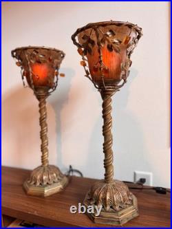 Pair of Vintage Hollywood Regency Amber Slag Glass Torchiere Lamps