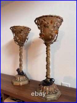 Pair of Vintage Hollywood Regency Amber Slag Glass Torchiere Lamps