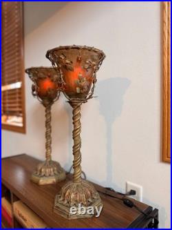 Pair of Vintage Hollywood Regency Amber Slag Glass Torchiere Lamps