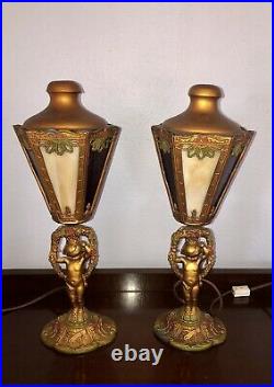Pair of gold gilt cherub putti slag glass lantern style lamps Stunning! Signed