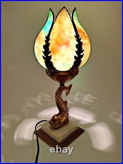 Pairpoint Dolphin Marble Base Multi-colored Slag Lamp Signed Numbered