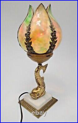 Pairpoint Dolphin Marble Base Multi-colored Slag Lamp Signed Numbered Rare