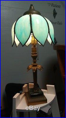 Palm Tree Victorian Table Lamp With A Blue Slag Glass