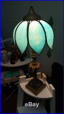 Palm Tree Victorian Table Lamp With A Blue Slag Glass