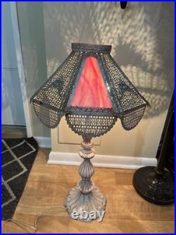 Pink, White Slag Glass, Metal Table Lamp Art Nouveau Victorian 30 T Antique Pink, White Slag Glass, Metal Table Lamp Art Nouveau Victorian 30 T Antique