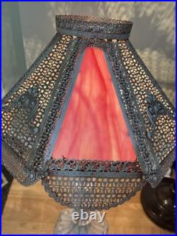 Pink, White Slag Glass, Metal Table Lamp Art Nouveau Victorian 30 T Antique Pink, White Slag Glass, Metal Table Lamp Art Nouveau Victorian 30 T Antique