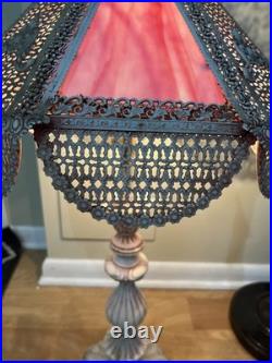 Pink, White Slag Glass, Metal Table Lamp Art Nouveau Victorian 30 T Antique