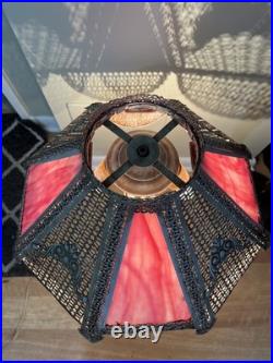 Pink, White Slag Glass, Metal Table Lamp Art Nouveau Victorian 30 T Antique