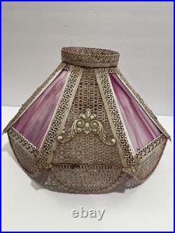 Pink, White Slag Glass, Metal Table Lamp Art Nouveau Victorian 30 T Antique