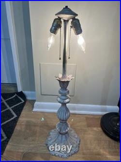 Pink, White Slag Glass, Metal Table Lamp Art Nouveau Victorian 30 T Antique