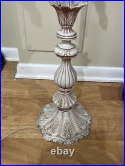 Pink, White Slag Glass, Metal Table Lamp Art Nouveau Victorian 30 T Antique