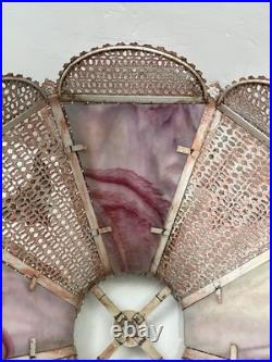 Pink, White Slag Glass, Metal Table Lamp Art Nouveau Victorian 30 T Antique