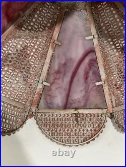 Pink, White Slag Glass, Metal Table Lamp Art Nouveau Victorian 30 T Antique