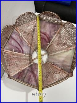 Pink, White Slag Glass, Metal Table Lamp Art Nouveau Victorian 30 T Antique