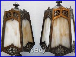 Pr. Antique 6 Panel Slag Glass Carmel Tan Cream Metal Boudoir Vanity Small Lamps