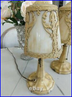 Pr Slag glass Art Nouveau Lamp boudoir panel shade antique filigree lights