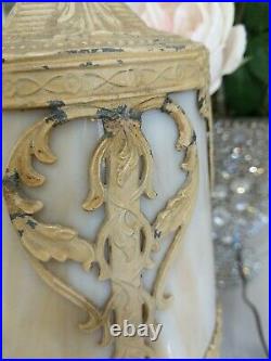 Pr Slag glass Art Nouveau Lamp boudoir panel shade antique filigree lights
