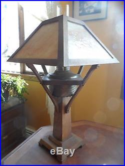 Prairie Arts & Crafts Mission Oak Table Lamp Early 1900's Slag Glass Electric
