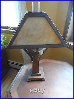 Prairie Arts & Crafts Mission Oak Table Lamp Early 1900's Slag Glass Electric