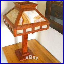 Prairie School Oak- Slag Glass Mission / Arts & Crafts Table Lamp Stickley Era