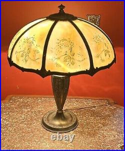 Quality Antique 8-Panel Large 21 In. Diameter Shade Slag Glass Table Lamp