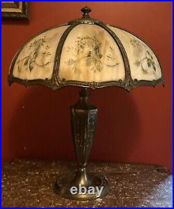Quality Antique 8-Panel Large 21 In. Diameter Shade Slag Glass Table Lamp