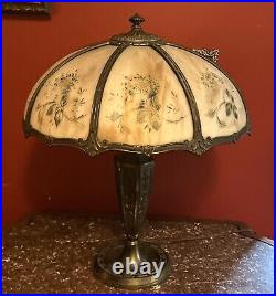Quality Antique 8-Panel Large 21 In. Diameter Shade Slag Glass Table Lamp