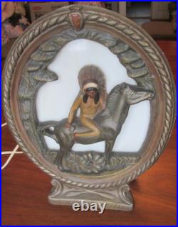 RARE 1930s/40s Native American on Horse Silhouette Lamp Ceramic & Slag Glass