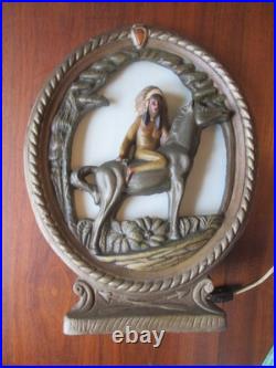 RARE 1930s/40s Native American on Horse Silhouette Lamp Ceramic & Slag Glass