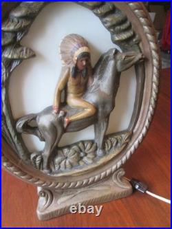 RARE 1930s/40s Native American on Horse Silhouette Lamp Ceramic & Slag Glass