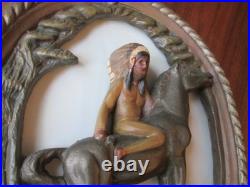 RARE 1930s/40s Native American on Horse Silhouette Lamp Ceramic & Slag Glass