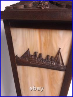 RARE Antique Slag Glass Lamp RMS Lusitania Or Titanic Panel Nautical 1910s S&G