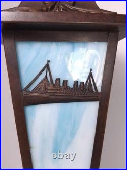 RARE Antique Slag Glass Lamp RMS Lusitania Or Titanic Panel Nautical 1910s S&G