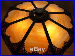 RARE Bradley & Hubbard Oasis Tropical Sunset Slag Glass Panel Lamp Handel Era