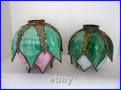 RARE Double Tulip Antique Bent Slag Glass Lamp Shade #1 of 2